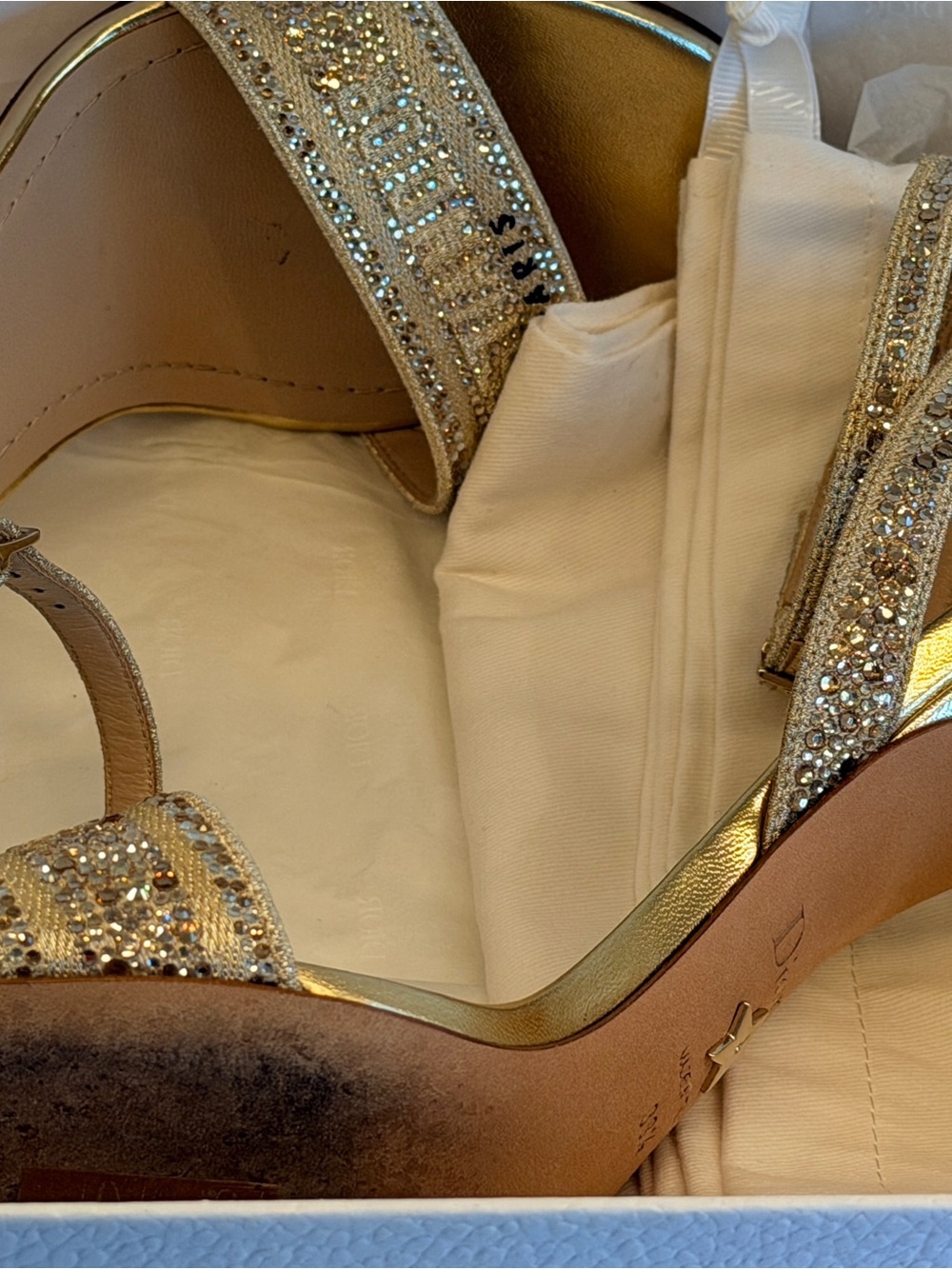 Christian Dior Gold Crystal Embellished Ankle-Strap Sandal. Worn once. - Picture 14 of 16